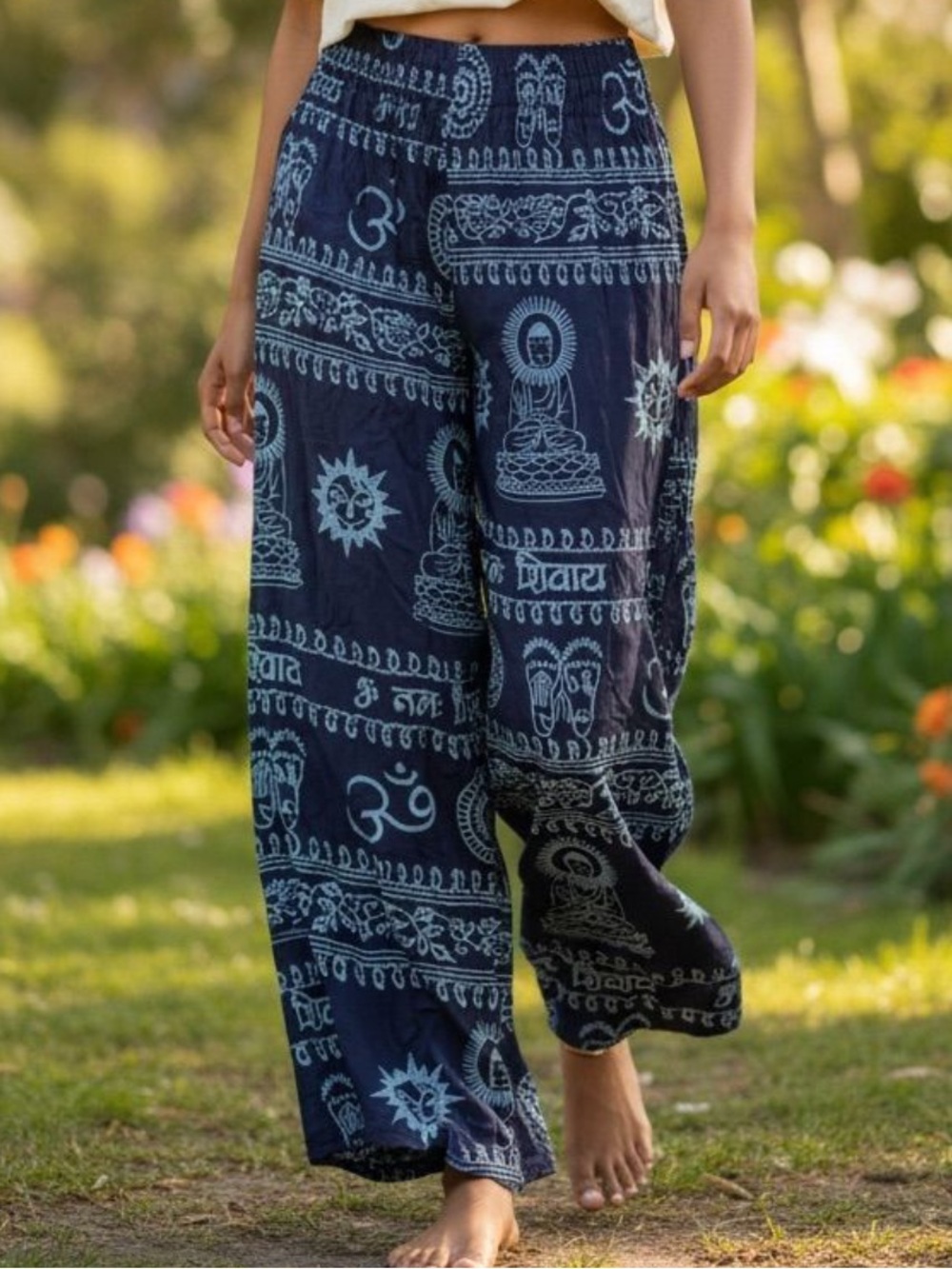 Rhea Bohemian Navy Wide-Leg Printed Pants One Size